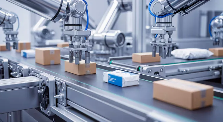 A robotic arm handling packages on an automated line
