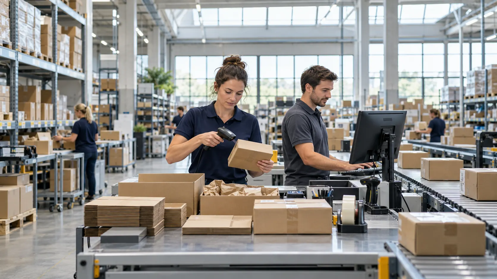 Two workers scanning and boxing parcels at a packing bench beside a conveyor in a fulfilment warehouse