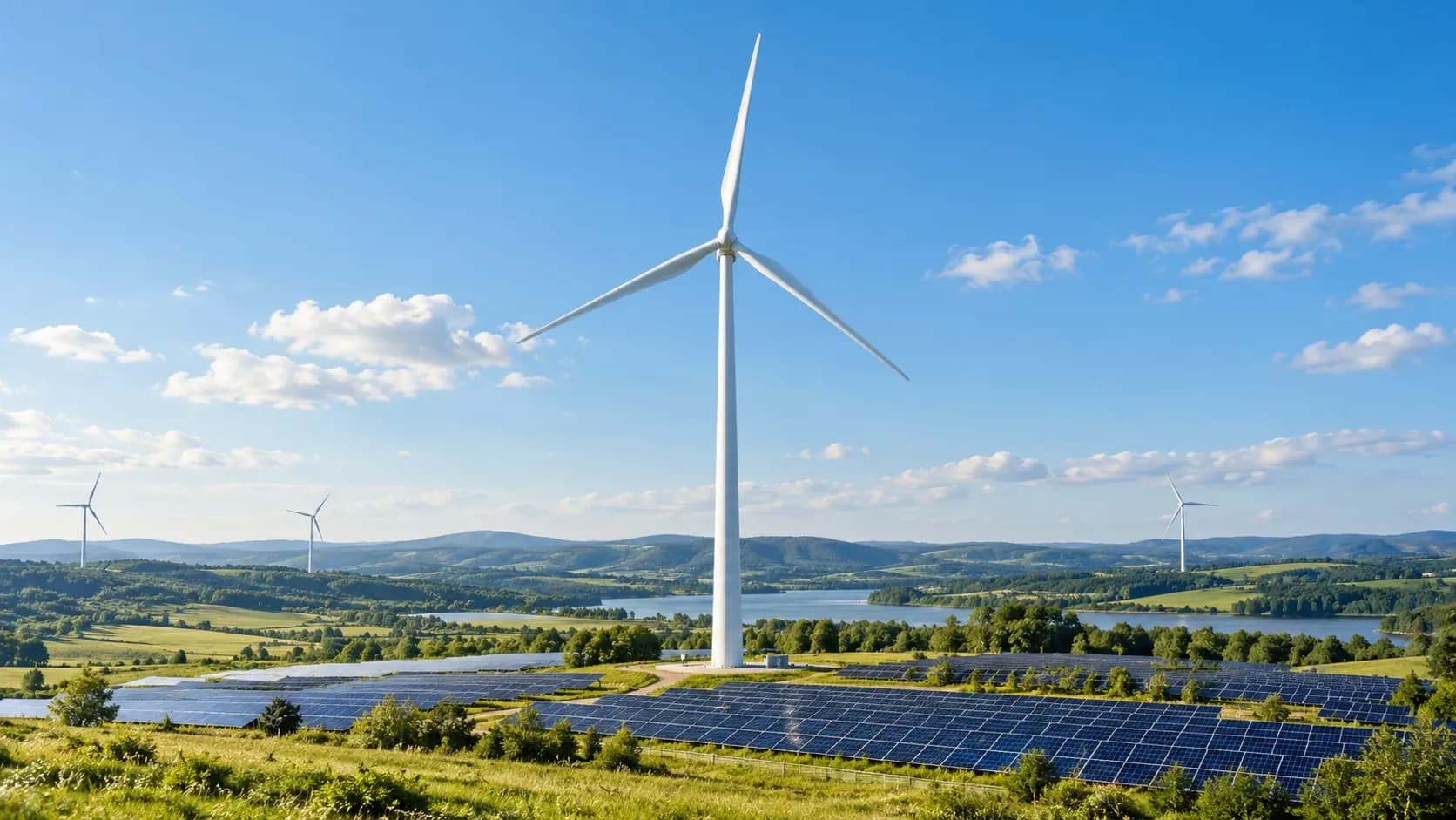 A wind turbine above a solar array, with a lake and wooded hills behind