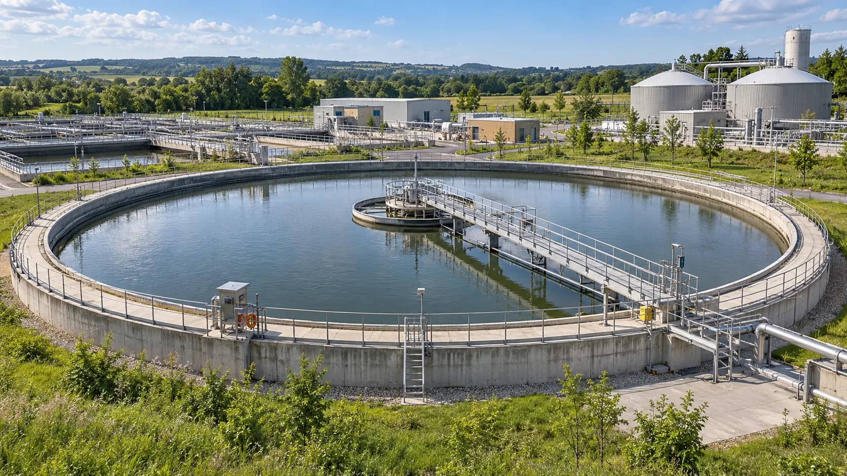 A circular clarifier tank at a wastewater treatment works, with digester tanks and open country beyond