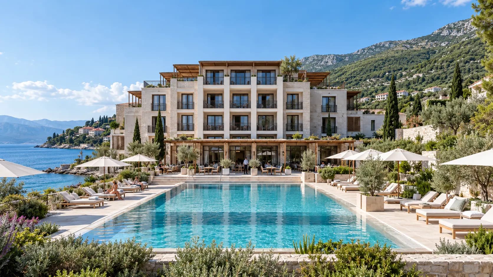A stone-faced hotel above an outdoor pool on a rocky coast, with wooded hills behind