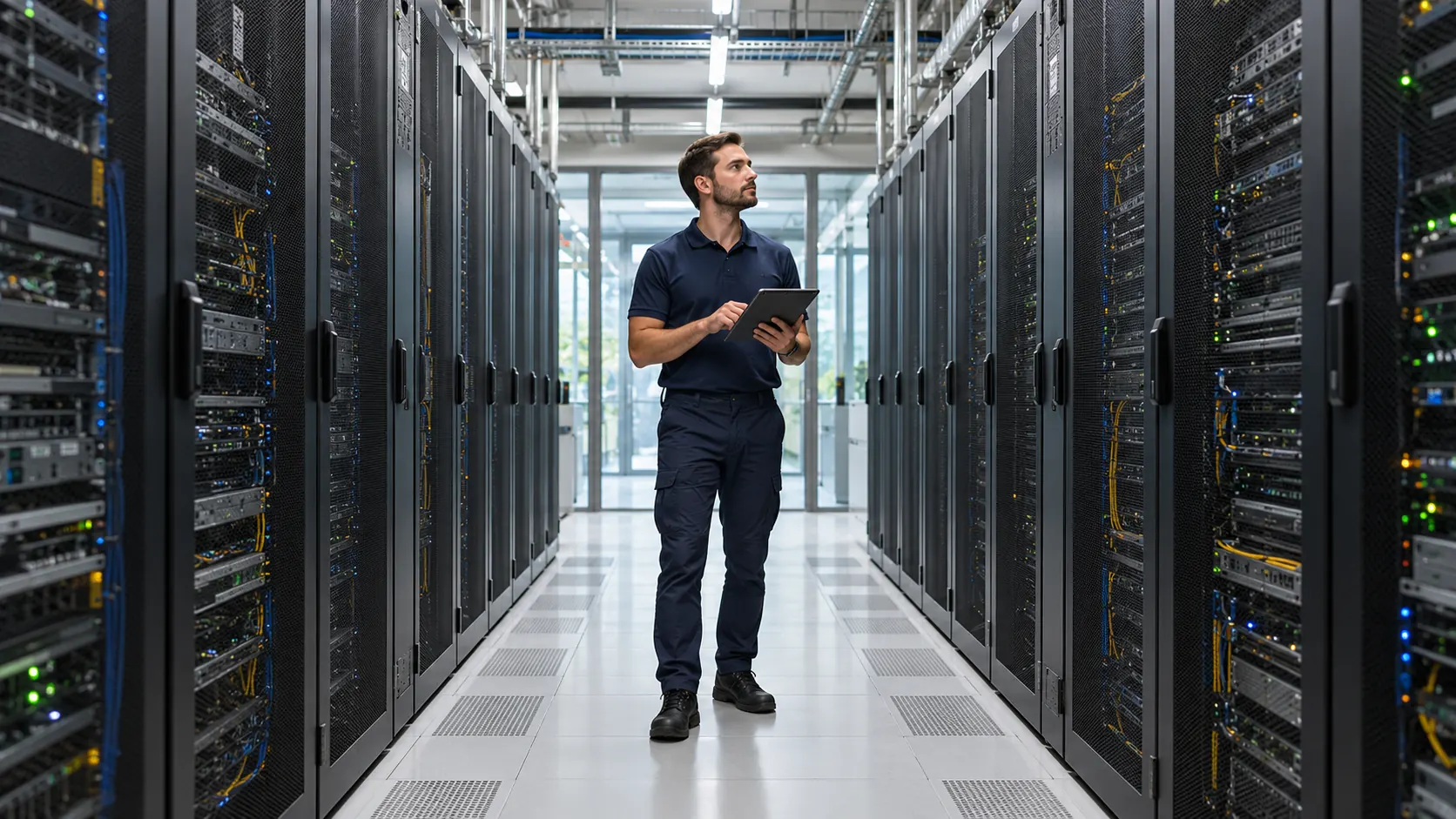 A technician holding a tablet in the aisle between two rows of server racks