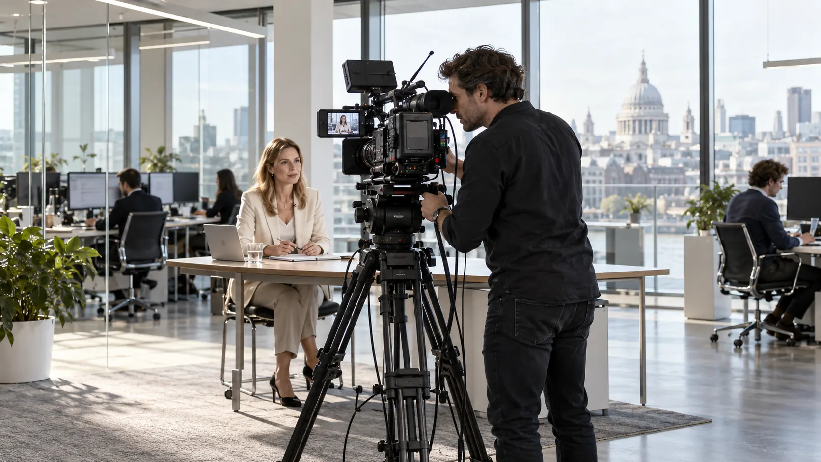 A camera operator filming a seated presenter in an open-plan office, a city skyline beyond the glass